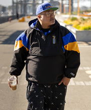 Load image into Gallery viewer, (PRE-SALE) THE LUMPIA COMPANY X SAVS &quot;GOLDEN STATE&quot; STADIUM JACKET - BLACK, BLUE &amp; GOLD
