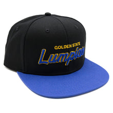 Load image into Gallery viewer, GOLDEN STATE LUMPIAS&quot; SNAPBACK HAT.  BLACK, BLUE &amp; GOLD
